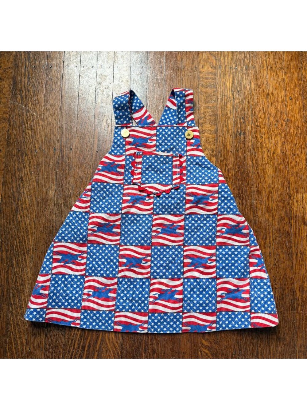 Vintage 1970s USA Bicentennial Print Girl’s Jumper, Overall Dress, Handmade 3T